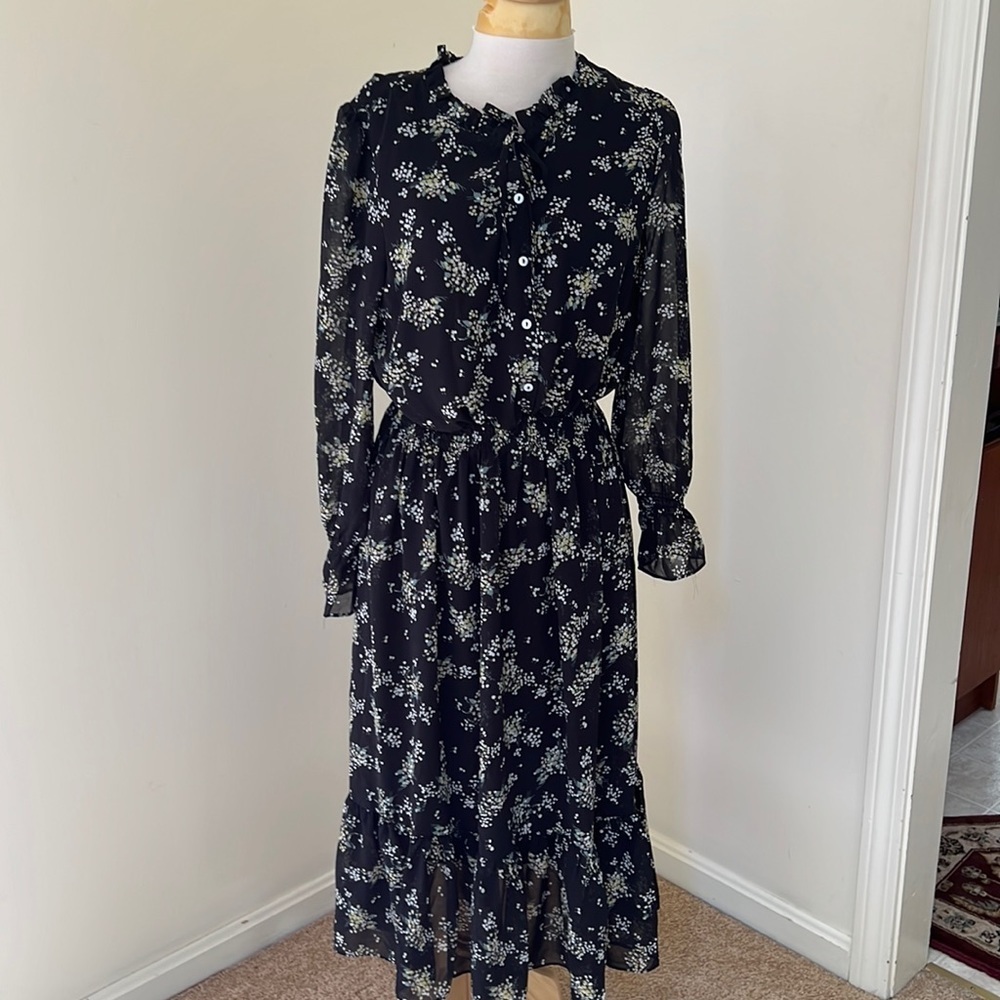 NWT! ELLISON size L black ruffled long sleeve front button dress